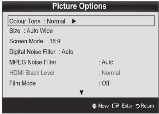 Picture Options Colour Tone : Normal ▶ Size : Auto Wide Screen Mode : 16:9 Digital Noise Filter : Auto MPEG Noise Filter : Auto HDMI Black Level : Normal Film Mode : Off Move Enter Return