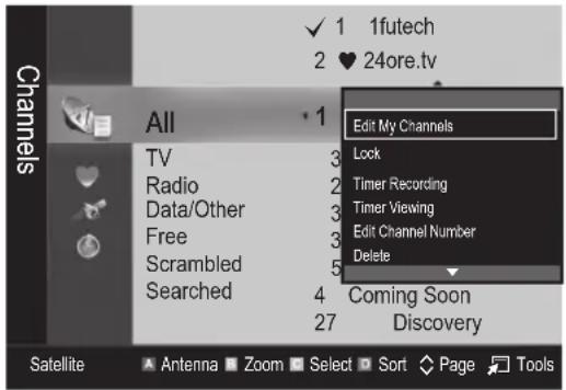 1futech 2 ♥ 24ore.tv All Edit My Channels TV 3 Lock Radio 2 Timer Recording Data/Other 3 Timer Viewing Free 3 Edit Channel Number Scrambled 5 Delete Searched 4 Coming Soon 27 Discovery Satellite Antenna Zoom Select Sort Page Tools