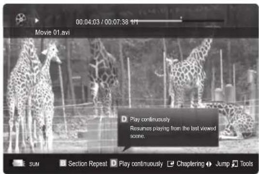 00:04:03 / 00:07:38 1/1 Movie 01.avi Play continuously Resumes playing from the last viewed scene. SUM Section Repeat Play continuously Chaptering Jump Tools