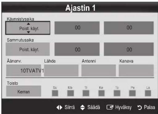 Ajastin 1 Käynnistysaika Poist. käyt. 00 00 Sammutusaika Poist. käyt. 00 00 Äänerv. Lähde Antenni Kanava 10TVATV1 Toisto Kerran Su Ma Ti Ke To Pe La Silrrä Säädä Hyväksy Palaa