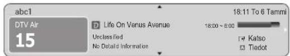 abc1 DTV Air 15 D Life On Venus Avenue Unclassified No Detail Information 18:00 - 8:00 18:11 To 6 Tammi Katso □ Tiedot