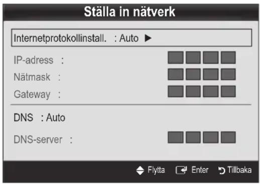 Ställa in nätverk Internetprotokollinstall. : Auto ► IP-adress : Nätmask : Gateway : DNS : Auto DNS-server :