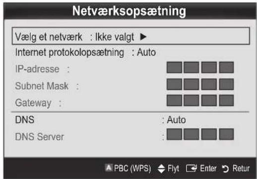 Netværksopsætning Vælg et netværk : Ikke valgt ▶ Internet protokolopsætning : Auto IP-adresse : Subnet Mask : Gateway : DNS : Auto DNS Server :
