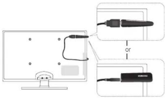 Diagram showing cable installation or connection between a computer monitor and two cables, with one labeled 'or' pointing to the cable.
