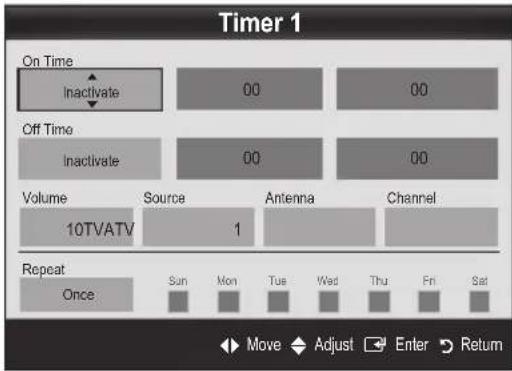 Timer 1 On Time Inactivate 00 00 Off Time Inactivate 00 00 Volume 10TVATV Source 1 Antenna Channel Repeat Once Sun Mon Tue Wed Thu Fri Sat Move Adjust Enter Return