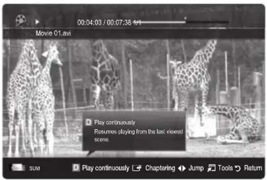 00:04:03 / 00:07:35 4:1 Movie 01.avi Play continuously Resumes staying from the last viewed scene. SUM Play continuously Chaptoring Jump Tools Return