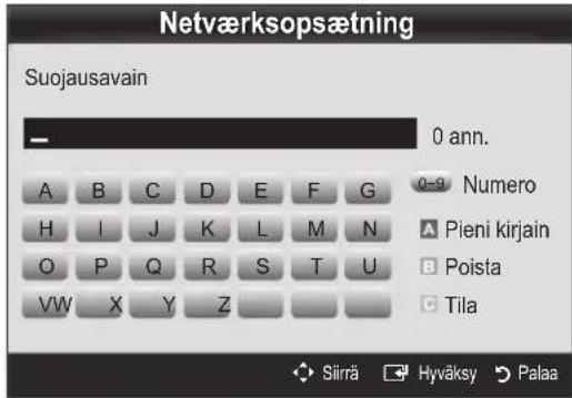Netværksopsætning Suojausavain 0 ann. A B C D E F G H I J K L M N O P Q R S T U VW X Y Z Numero Pieni kirjain Poista Tila Siirä Hyväksy Palaa