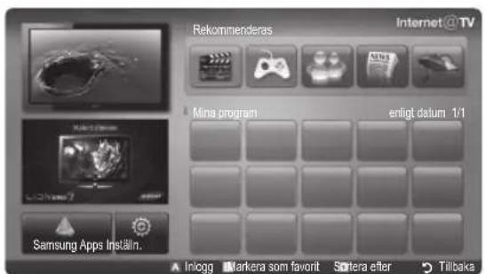 Rekommenderas Internet@TV Mina program enligt datum 1/1 Samsung Apps Instäln. Inlogg Markera som favorit Sottera efter Tillbaks