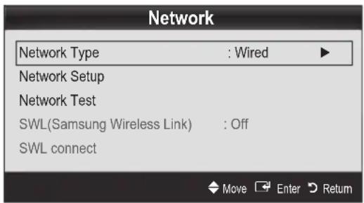 Network Network Type : Wired ▶ Network Setup Network Test SWL(Samsung Wireless Link) : Off SWL connect Move Enter Return