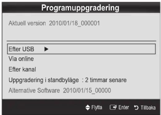 Programuppgradering Aktuell version 2010/01/18_000001 Efter USB ▶ Via online Efter kanal Uppgradering i standbyläge : 2 timmar senare Alternative Software 2010/01/15_00000 Flytta Enter Tillbaka