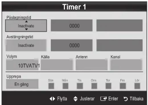 Timer 1 Påslagningstid Inactivate 0000 Avstängningstid Inactivate 0000 Volym Källa Antenn Kanal 10TVATV1 Upprepa En gång Sön Mån Tis Ons Tor Fre Lör Flytta Justerar Enter Tillbaka