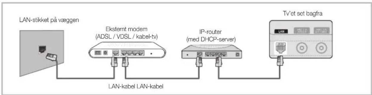 LAN-stikket på væggen Eksternt modem (ADSL / VDSL / kabel-tv) IP-router (med DHCP-server) TV'et set bagfra LAN-kabel LAN-kabel