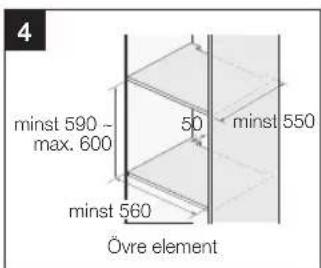 4 minst 590 ~ max. 600 50 minst 550 minst 560 Övre element