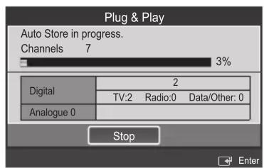 Plug & Play Auto Store in progress. Channels 7 3% Digital 2 TV:2 Radio:0 Data/Other: 0 Analogue 0 Stop Enter