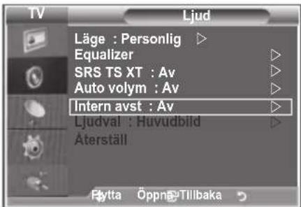 TV Ljud Läge : Personlig ▷ Equalizer ▷ SRS TS XT : Av ▷ Auto volym : Av ▷ Intern avst : Av ▷ Ljudval : Huvudbild ▷ Äterställ Fytta Öppnö-Tillbaka