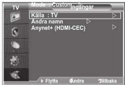 Mode : Custom Ingangar Källa : TV Andra namn Anynet+ (HDMI-CEC) Flytta Andra Jillbaka