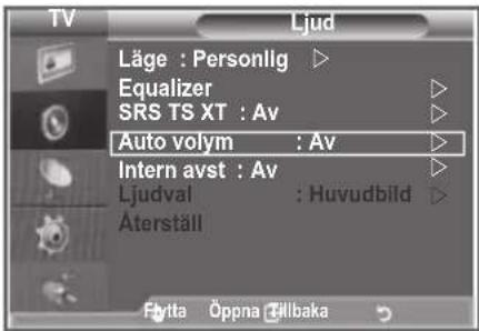 TV Ljud Läge : Personlig ▶ Equalizer ▷ SRS TS XT : Av ▷ Auto volym : Av ▷ Intern avst : Av ▷ Ljudval : Huvudbild ▷ Äterställ Fvitta Öppna Fillbaka