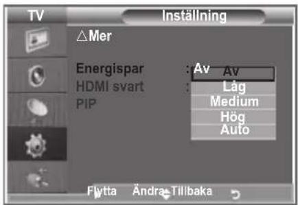 TV Installning △Mer Energispar : Av Av HDMI svart : Låg PIP : Medium Hög Auto Flytta Ändra-Tillbaka