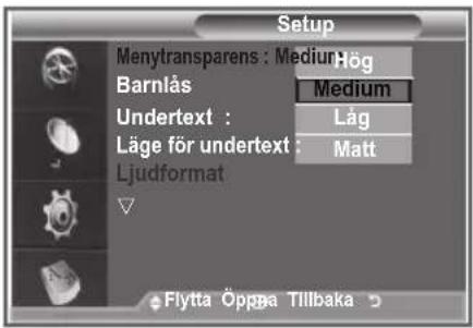 Setup Menytransparens : Medium Barnlås Medium Undertext : Låg Läge för undertext : Matt Ljudformat Flytta Öpgba Tillbaka