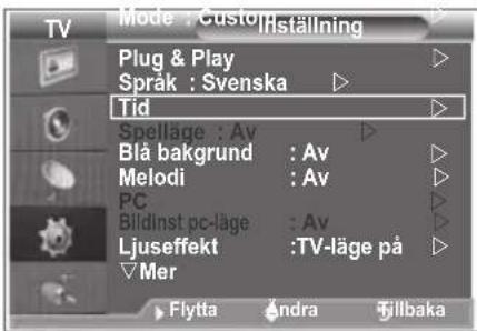 Mode : Custom/Hställning Plug & Play Språk : Svenska Tid Spelläge : Av Blå bakgrund : Av Melodi : Av PC Bildinst pc-läge : Av Ljuseffekt :TV-läge på Mer Flytta andra tillbaka
