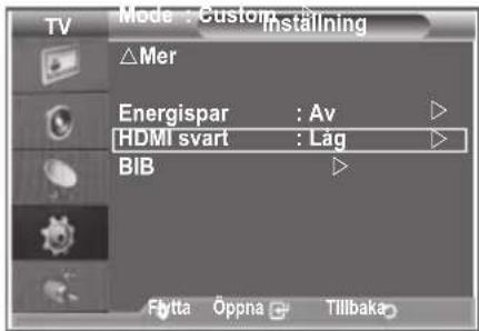 TV Mode : Custom Installing △Mer Energispar : Av HDMI svart : Låg BIB Flytta Öppna Tillbaka