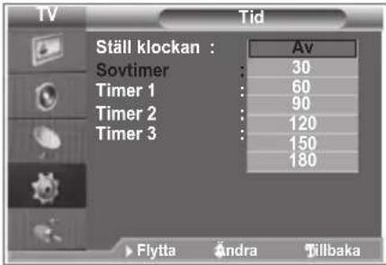 Tid Ställ klockan : Av Sovtimer : 30 Timer 1 : 60 Timer 2 : 90 Timer 3 : 120 Timer 3 : 150 180 Flytta andra Tilbaka