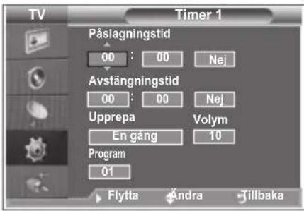TV Timer 1 Påslagningstid 00 : 00 Nej Avstängningstid 00 : 00 Nej Upprepa Volym En gång 10 Program 01 Flytta Ändra Tillbaka