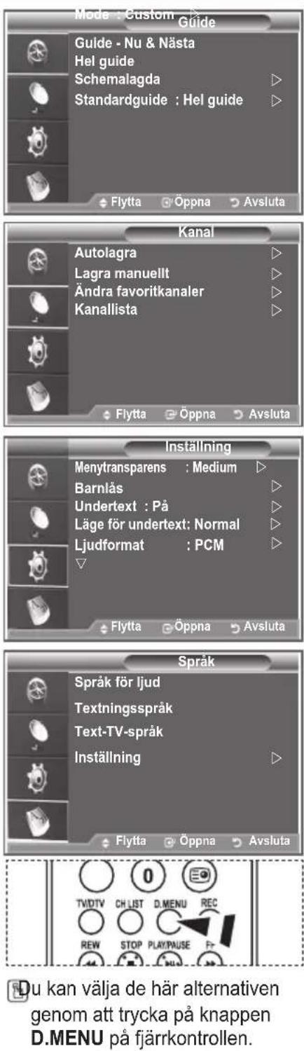 Mode : Custom Guide Guide - Nu & Nästa Hel guide Schemalagda Standardguide : Hel guide Flytta Öppna Avsluta Kanal Autolagra Lagra manuellt Ändra favoritkanaler Kanallista Flytta Öppna Avsluta Inställning Menytransparens : Medium Barnlås Undertext : På Läge för undertext: Normal Ljudformat : PCM Flytta Öppna Avsluta Språk Språk för ljud Textningsspråk Text-TV-språk Inställning Flytta Öppna Avsluta TVDTV CH LIST D.MENU REC REW STOP PLAYPAUSE Pr Du kan välja de här alternativen genom att trycka på knappen D.MENU på fjärrkontrollen.