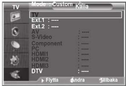 TV Mode : Custom Källa TV Ext.1 : ---- Ext.2 : ---- AV : ---- S-Video : ---- Component : ---- PC : ---- HDMI1 : ---- HDMI2 : ---- HDMI3 : ---- DTV : ---- Flytta Andra Sillbaka