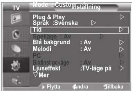 Mode : Custom/inställning Plug & Play Språk :Svenska Tid Spelläge : Av Blå bakgrund : Av Melodi : Av PC Bildinst nc-läge : Av Ljuseffekt :TV-läge på Mer Flytta Andra Tilbaka