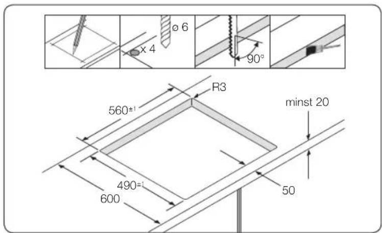 ø 6 x 4 90° 560±1 R3 minst 20 490= 600 50