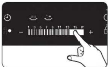Digital display control interface showing clock, time, and power settings with a hand pointing to the button