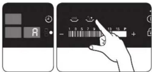 Diagram showing two control panels: left panel with a display labeled 'A' and buttons, right panel with a hand pressing a button labeled '13 P' and plus sign.