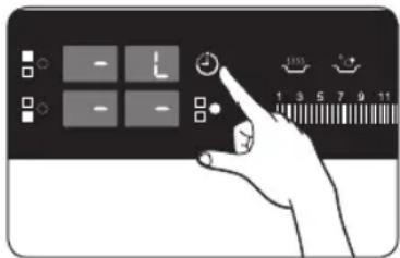 Hand interacting with a control panel displaying icons for L, L, and numeric display indicators