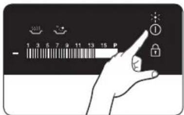 Hand interacting with a touchscreen display showing icons for battery, lock, and function buttons