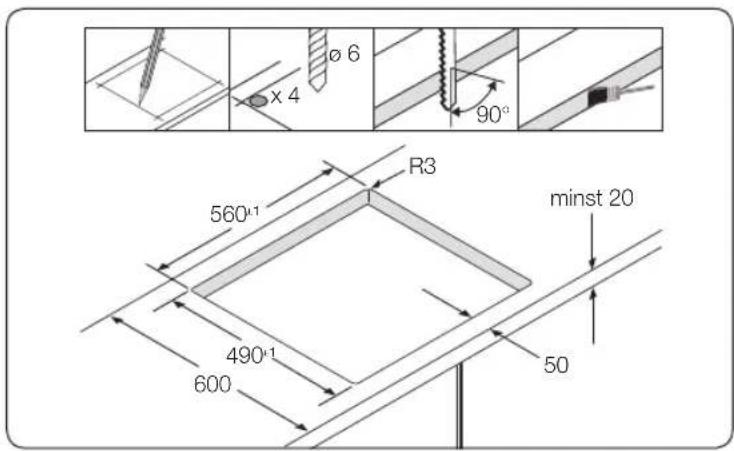 ø 6 x 4 90° R3 560⁺¹ minst 20 490⁺¹ 600 50