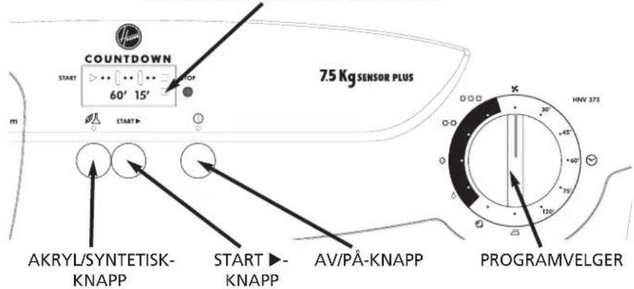 COUNTDOWN START 60' 15' TOP 7.5 Kg SENSOR PLUS m START AKRYL/SYNTETISK- KNAPP START ►- KNAPP AV/PÅ-KNAPP PROGRAMVELGER HNV 375 30° +65° +60° +75° 120°