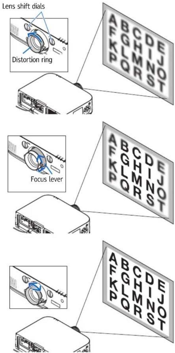 Lens shift dials Distortion ring Focus lever A B C D E J O F G H I N O T K L M N O T P Q R S T A B C D E J O F G H I N O T K L M N O T P Q R S T A B C D E J O F G H I N O T K L M N O T P Q R S T