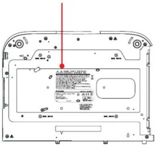 Technical diagram of a laptop rear panel with labeled components and a red arrow pointing to a device interior.