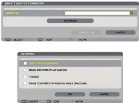 REMOTE DESKTOP CONNECTION COMPUTER ADVANCED CONNECTION CANCEL SELECT EXIT MOVE ADVANCED BECKTOP BACKSCHING MENU AND WINDOW ANIMATION THEMES SHOW CONTENTS OF WINDOW WHILE DRAGGING OK CANCEL SELECT EXIT MOVE