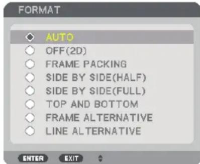 FORMAT AUTO OFF(2D) FRAME PACKING SIDE BY SIDE(HALF) SIDE BY SIDE(FULL) TOP AND BOTTOM FRAME ALTERNATIVE LINE ALTERNATIVE ENTER EXIT