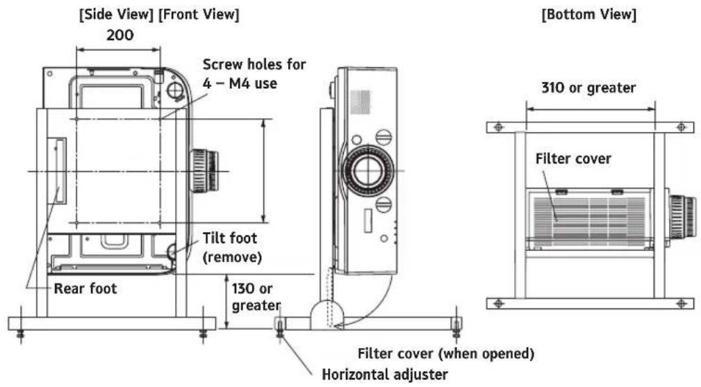 [Side View] [Front View] 200 Screw holes for 4 - M4 use Tilt foot (remove) Rear foot 130 or greater Filter cover (when opened) Horizontal adjuster [Bottom View] 310 or greater Filter cover