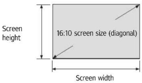 Screen height 16:10 screen size (diagonal) Screen width