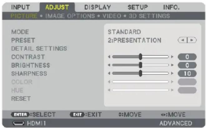 INPUT ADJUST DISPLAY SETUP INFO. PICTURE • IMAGE OPTIONS • VIDEO • 3D SETTINGS MODE PRESET DETAIL SETTINGS CONTRAST BRIGHTNESS SHARPNESS COLOR HUE RESET STANDARD 2:PRESENTATION 0 0 10 ENTER :SELECT EXIT :EXIT →:MOVE ←:MOVE HDMI1 ADVANCED