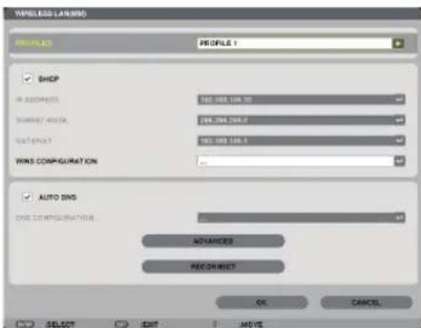 WIRELESS Lathering PROFILES PROFILE 1 SHOP IP ADDRESS 180 MHz 100 TO SUPPORT ACCESS 246.296.296.2 FAST ENGLISH 180 MHz 100.3 WINS CONFIGURATION AUTO DNS DNS CONFIGURATION ADVANCED RECOINFFFF OK CANCEL SELECT SIGN MOVE