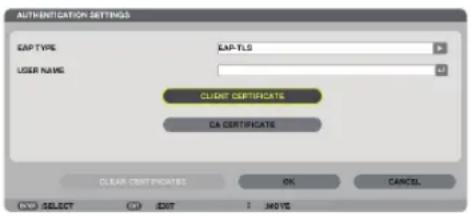 AUTHENTICATION SETTINGS CAP TYPE LAP-TLS USER NAME CLIENT CERTIFICATE CA CERTIFICATE CLEAR CERTIFICATE OK CANCEL SELECT OK ABOUT NOTE