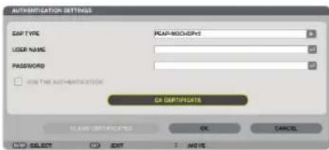AUTHORIZATION SETTINGS CAP TYPE RCAF-MODA-SPV USER NAME PASSWORD □ None This Authentication CA CERTIFICATE SELECT CERTIFICATE OK CANCEL SELECT EXIT + HOLD