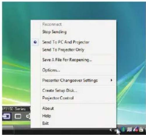 Reconnect Stop Sending Send To PC And Projector Send To Projector Only Save A File For Reopening... Options... Presenter Changeover Settings Create Setup Disk... Projector Control About Help Exit