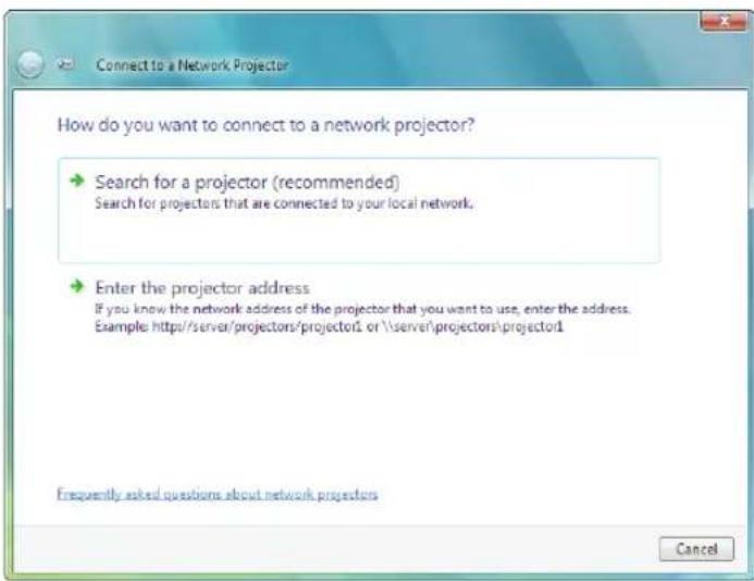 How do you want to connect to a network projector? Search for a projector (recommended) Search for projectors that are connected to your local network. Enter the projector address If you know the network address of the projector that you want to use, enter the address. Example: https://server/projectors/projector1 or \server\projectors\projector1 Frequently asked questions about network projectors Cancel