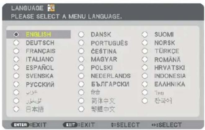 LANGUAGE PLEASE SELECT A MENU LANGUAGE. ENGLISH DEUTSCH FRANÇAIS ITALIANO ESPAÑOL SVENSKA РУССКИЙ عربية تُوبِيْنَّوْر 日本語 DANSK PORTUGUÊS ČEŠTINA MAGYAR POLSKI NEDERLANDS БЪЛГАРСКИ شَلْدًا 简体中文 繁體中文 SUOMI NORSK TÜRKÇE ROMÄNÄ HRVATSKI INDONESIA ЕЛАННИКА Типу 한국어 ENTER :EXIT EXIT :EXIT :SELECT :SELECT
